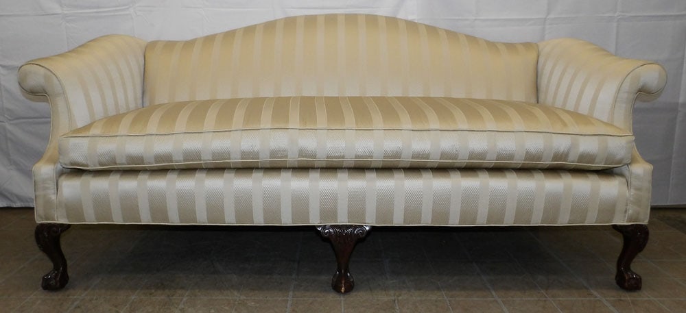 Mahogany Upholstered Camel Back Sofa With Ball & Claw Feet (1 of 7)