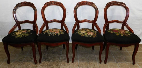 Set Four Mahogany Carved Needlepoint Seat Dining Chairs