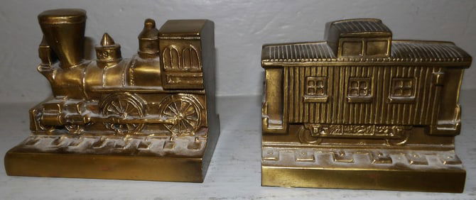Pair Gilded Metal Train Engine Bookends