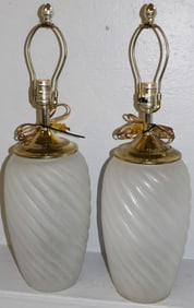 Pair of Mid Century Murano Vetri Brass & Frosted Swirl Table Lamps