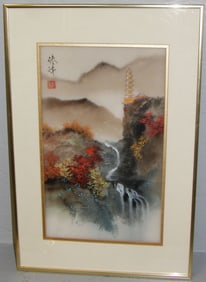 Framed Chinese Painting on Silk of Waterfall & Pagoda Signed with Character Marks