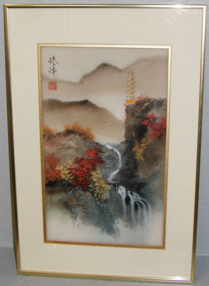 Framed Chinese Painting on Silk of Waterfall & Pagoda Signed with Character Marks: Framed Chinese Painting on Silk of Waterfall & Pagoda Signed with Character Marks. 16" x 24" ALL DESCRIPTIONS AND ANY CONDITION STATEMENT GIVEN BY LANGSTON AUCTION GALLERY ARE STRICTLY OPINIONS AND LA