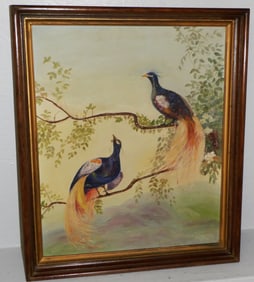 Antique Oil on Board Landscape of Two Resting Peacocks in Shadowbox Frame