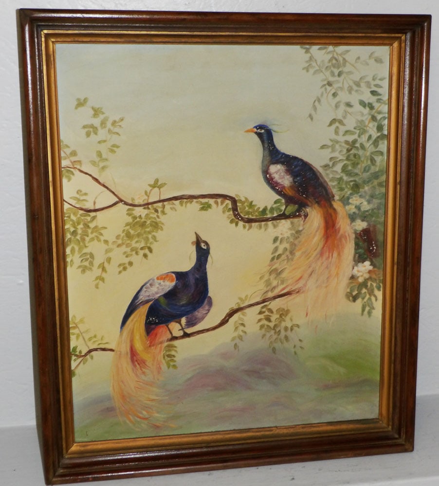 Antique Oil on Board Landscape of Two Resting Peacocks in Shadowbox Frame (1 of 6)