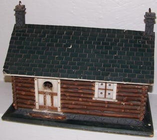Antique Painted Folk Art Log Cabin Form Bird House with Tin Shingle Roof