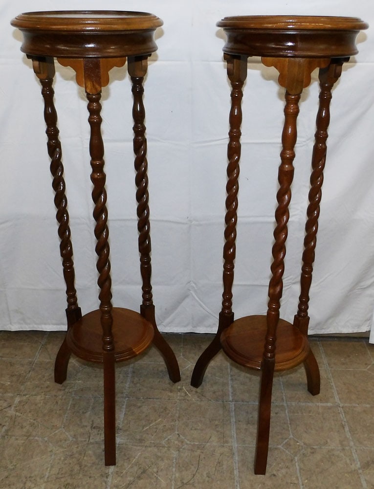 Pair Mahogany Barley Twist Fern Stands: Pair Mahogany Barley Twist Fern Stands. 40" H 11 1/2" Dia ALL DESCRIPTIONS AND ANY CONDITION STATEMENT GIVEN BY LANGSTON AUCTION GALLERY ARE STRICTLY OPINIONS AND LANGSTON'S SHALL HAVE NO RESPONSIBILI