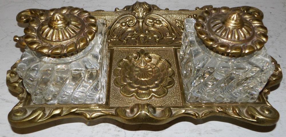 Cast Brass Ink Stand With Glass Bottles (1 of 5)