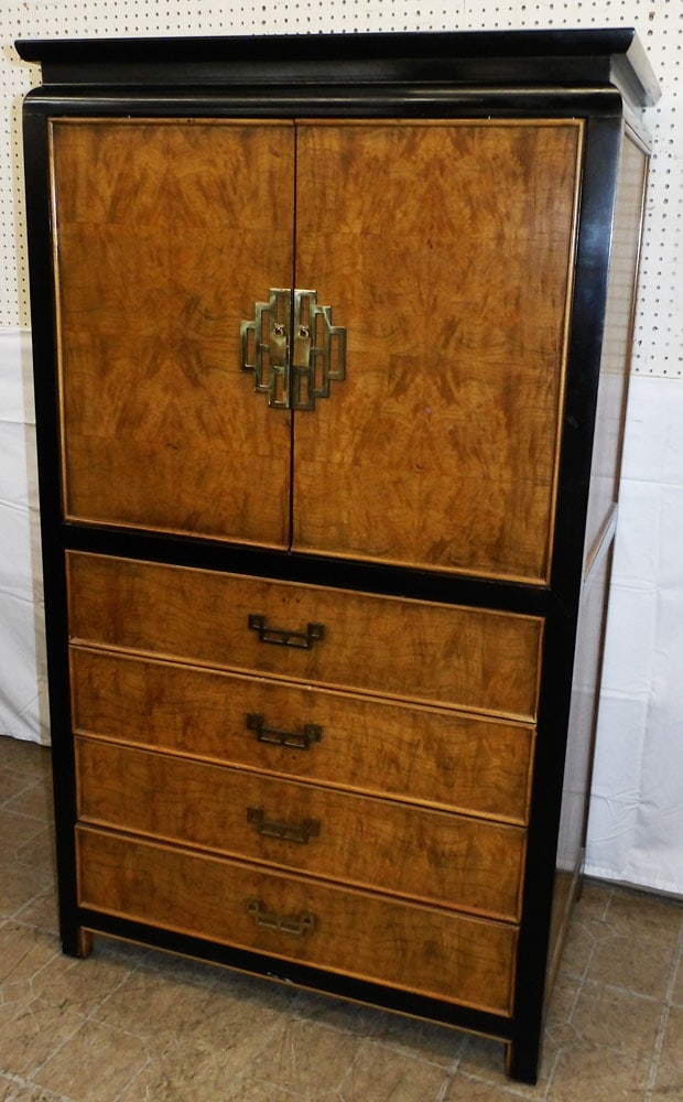 Mid Century Modern Oriental Burl Elm Wood Black Lacquered Cabinet By Century (1 of 7)