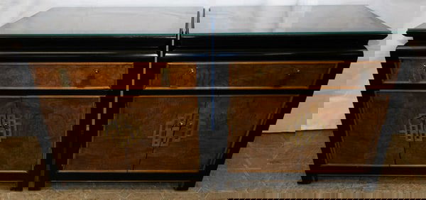 Pair Mid Century Modern Burl Elm Wood Black Lacquered Night Stands By Century