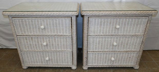 Pair Painted Wicker Three Drawer Night Stands With Glass Tops