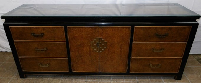 Black Lacquered Burl Elm Wood Credenza By Century