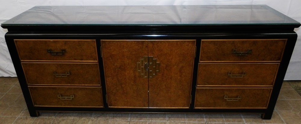 Black Lacquered Burl Elm Wood Credenza By Century: Black Lacquered Burl Elm Wood Credenza By Century . 31 3/4" H 76" W 19" D ALL DESCRIPTIONS AND ANY CONDITION STATEMENT GIVEN BY LANGSTON AUCTION GALLERY ARE STRICTLY OPINIONS AND LANGSTON'S SHALL HAVE