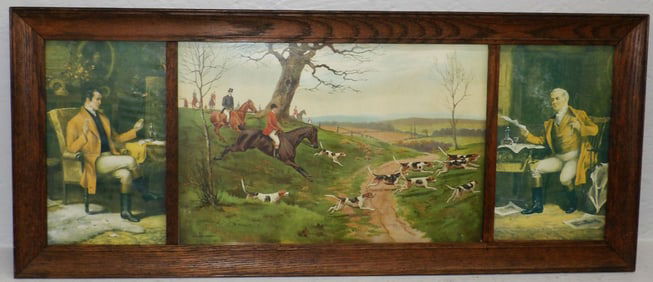 Antique Oak Framed Triptych English Fox Hunting Scene Print