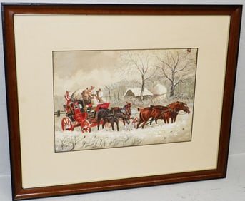 Framed Antique Watercolor of an English London Coach & Horses in Winter by Walter Vernon Dated 1898