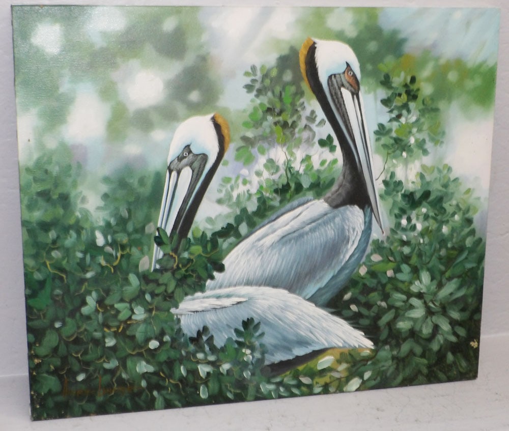 Oil Painting on Canvas of Two Pelicans in Green Foliage by Andre Lange: Oil Painting on Canvas of Two Pelicans in Green Foliage by Andre Lange. 20" x 24" ALL DESCRIPTIONS AND ANY CONDITION STATEMENT GIVEN BY LANGSTON AUCTION GALLERY ARE STRICTLY OPINIONS AND LANGSTON'S SH