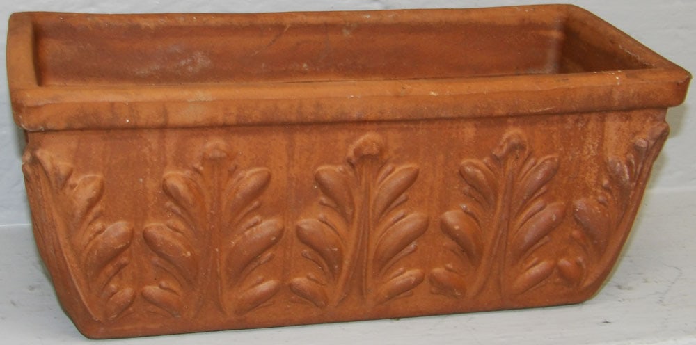 Italian Deroma Terracotta Windowsill Planter with Acanthus Leaf Motif: Italian Deroma Terracotta Windowsill Planter with Acanthus Leaf Motif. 6" H 15" W 6 1/2" D ALL DESCRIPTIONS AND ANY CONDITION STATEMENT GIVEN BY LANGSTON AUCTION GALLERY ARE STRICTLY OPINIONS AND LANG