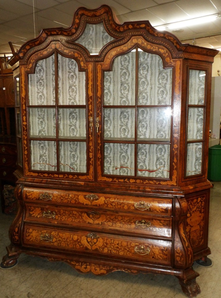 Two Piece Walnut Dutch Marquetry Inlaid Breakfront, Missing Two Glass Panels (1 of 6)