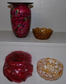 Cranberry Glass Covered Jar, Art Glass Vase, Art Glass Bowl, & Amber Glass Button & Bows Pattern