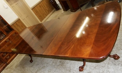 Crotch Mahogany Two Pedestal Dining Table with Two Leaves by Henredon