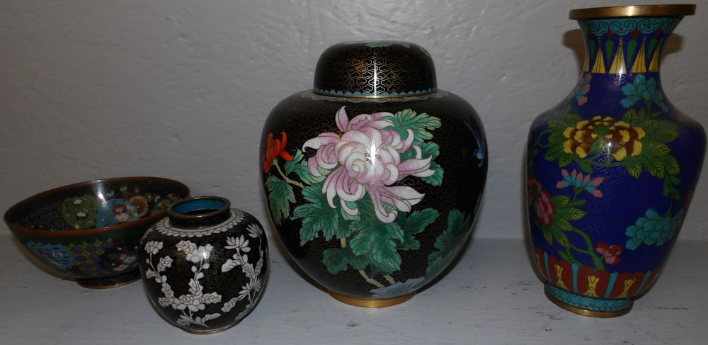 Four Pieces of Cloisonne: Four Pieces of Cloisonne . Up to 9" H 4 1/2" Dia. ALL DESCRIPTIONS AND ANY CONDITION STATEMENT GIVEN BY LANGSTON AUCTION GALLERY ARE STRICTLY OPINIONS AND LANGSTON'S SHALL HAVE NO RESPONSIBILITY FOR E
