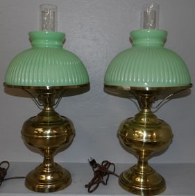 Pair of Brass Oil Lamps with Green Shades, Electrified