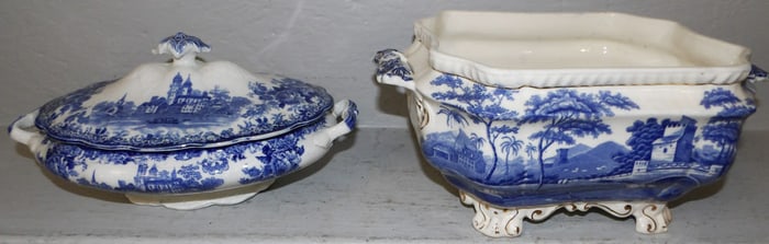 Antique Blue Transfer Porcelain Jardiniere & Covered Dish