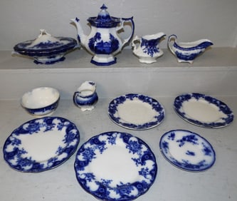 Eleven Pieces of Flow Blue Porcelain