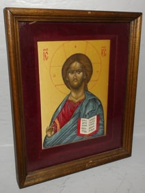 Framed Painted on Silk Icon with Provenance on Back