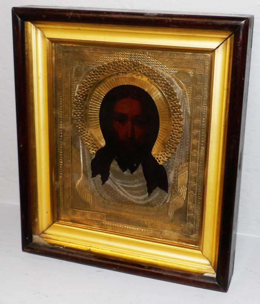 19th Century Framed Painted Icon: 19th Century Framed Painted Icon . 13 3/4" x 12" ALL DESCRIPTIONS AND ANY CONDITION STATEMENT GIVEN BY LANGSTON AUCTION GALLERY ARE STRICTLY OPINIONS AND LANGSTON'S SHALL HAVE NO RESPONSIBILITY FOR ER