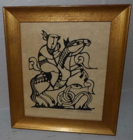 Framed Oriental Stenciled Print by Sadao Watanabe