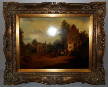 Framed Oil on Board of European Town Scene Artist Signed