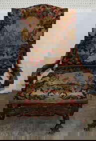 Antique Carved Walnut & Needlepoint Upholstered Library Chair