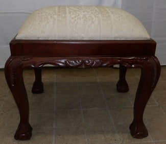 Carved Mahogany & Upholstered Top Ottoman with Ball & Claw Feet