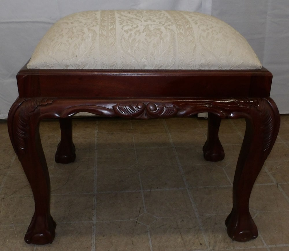 Carved Mahogany & Upholstered Top Ottoman with Ball & Claw Feet (1 of 3)