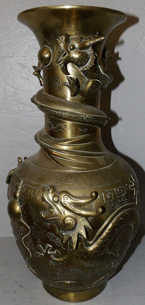 Antique Chinese Bronze Dragon Motif Vase Signed with Character Marks (1 of 5)