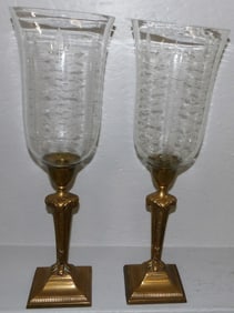 Pair of Brass Candlesticks with Rams Head & Etched Glass Shades