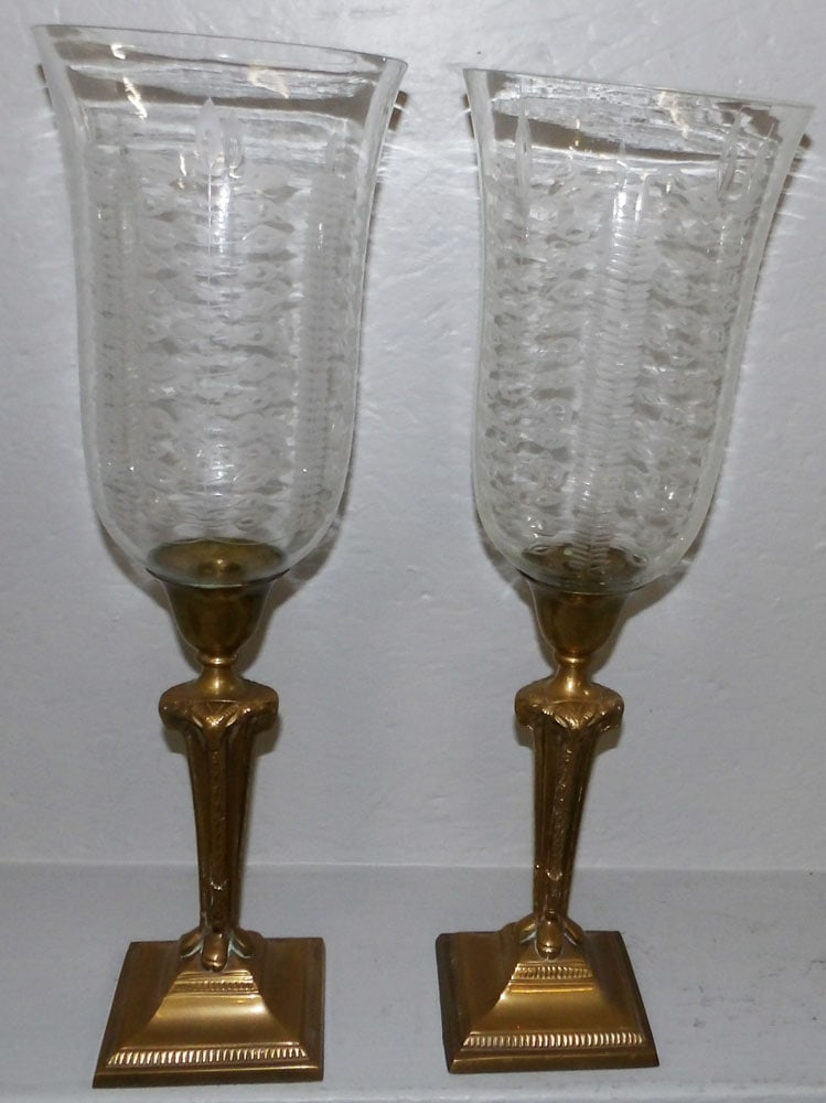 Pair of Brass Candlesticks with Rams Head & Etched Glass Shades (1 of 6)
