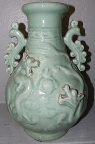 Oriental Celadon Porcelain Urn Signed with Character Marks
