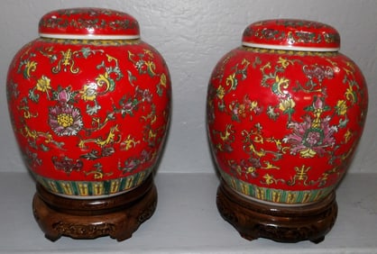 Pair of Oriental Painted Porcelain Ginger Jars on Teak Wood Stands