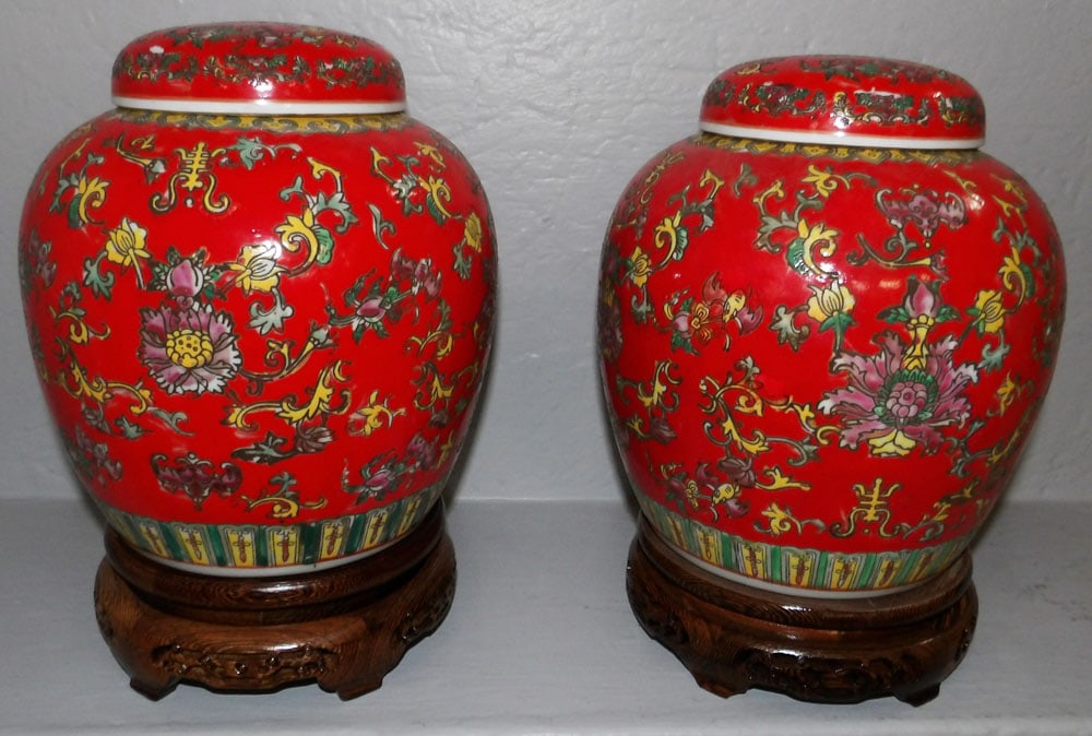 Pair of Oriental Painted Porcelain Ginger Jars on Teak Wood Stands (1 of 6)