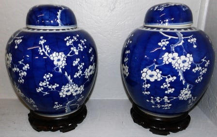 Pair of Oriental Porcelain Hawthorne Ginger Jars on Teak Wood Stands