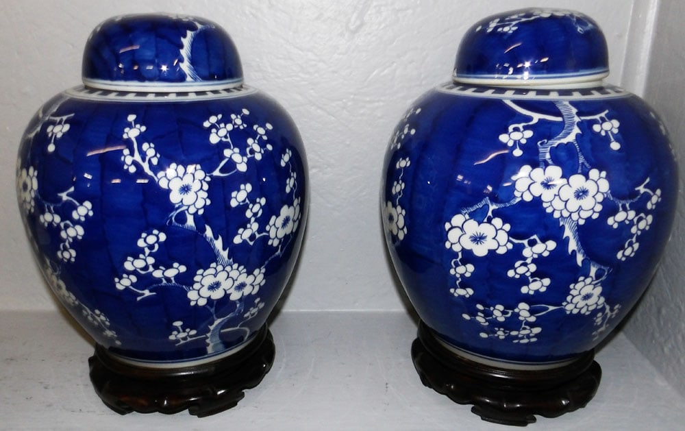 Pair of Oriental Porcelain Hawthorne Ginger Jars on Teak Wood Stands (1 of 6)