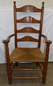 Antique Oak Ladder Back Arm Chair with Rush Woven Seat