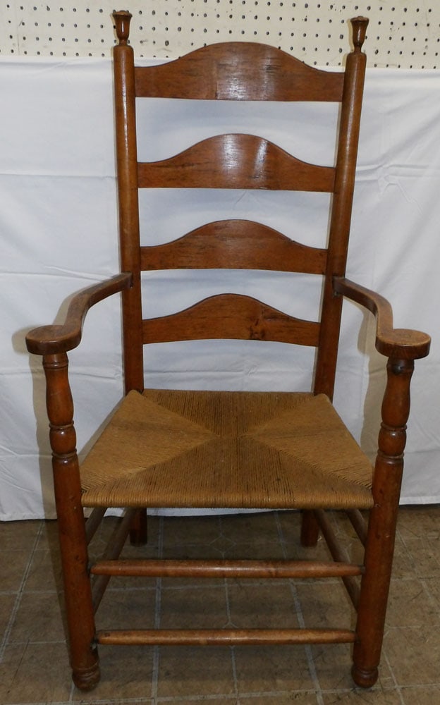 Antique Oak Ladder Back Arm Chair with Rush Woven Seat (1 of 3)
