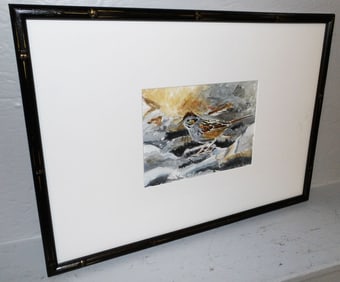 Framed Watercolor in Bamboo Frame "Swamp Sparrow at Morris Arboretum"