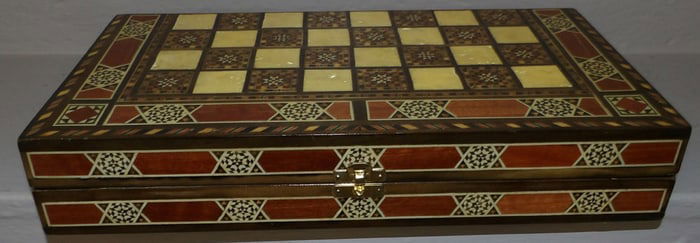 Anglo Indian Style Micro Mosaic Inlaid Game Box with Game Pieces