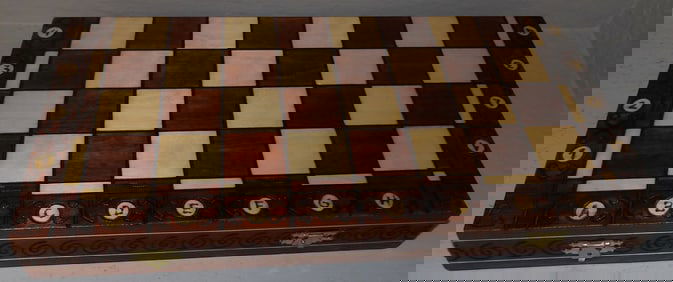 Ornate Inlaid Game Box with Chess Pieces