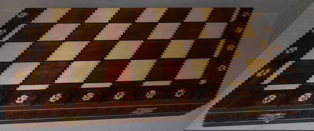 Ornate Inlaid Game Box with Chess Pieces (1 of 5)