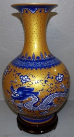 Painted Oriental Porcelain Vase on Revolving Teak Wood Stand