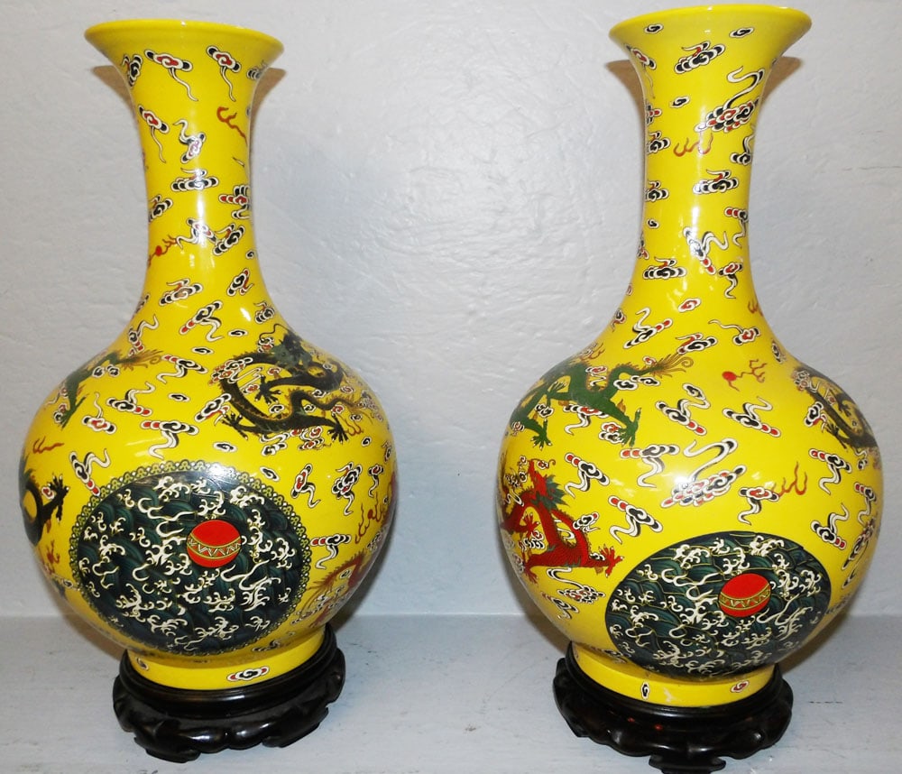 Pair of Oriental Painted Porcelain Vases Signed with Character Marks (1 of 4)